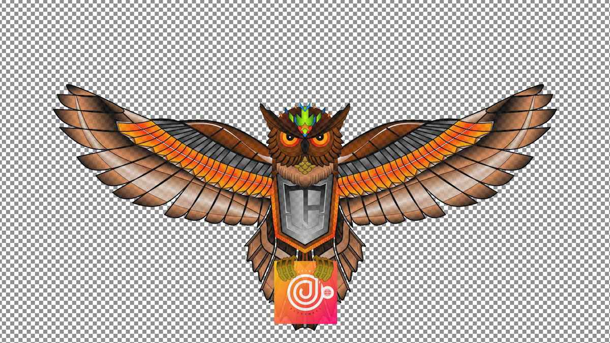 Digital gezeichnete Eule mit ausgestreckten Flügeln und zentralem DP-Logo
