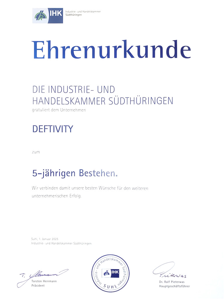 DEFTIVITY – 5 Jahre Vertrauen und Qualität, ausgezeichnet mit der IHK-Ehrenurkunde