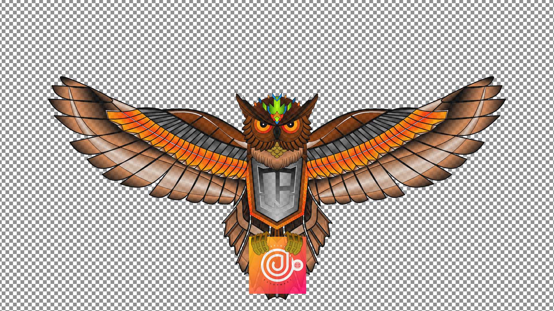 Digital gezeichnete Eule mit ausgestreckten Flügeln und zentralem DP-Logo