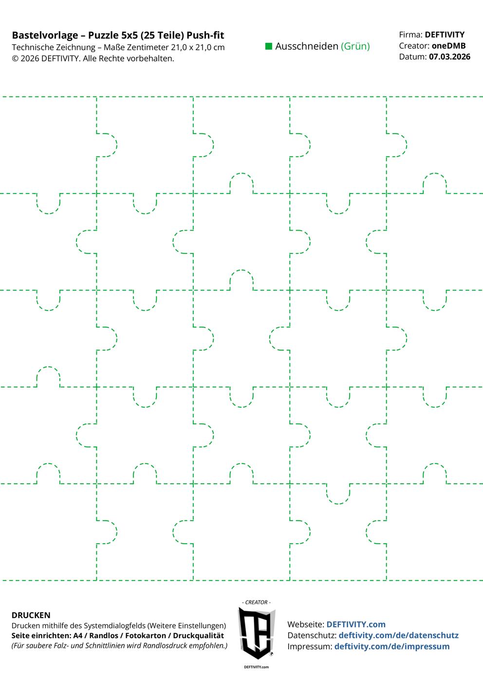 Technische Zeichnung – Puzzle 5x6 (25 Teile) Push-fit